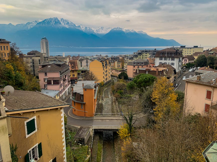 Montreux on Lake Geneva with colorful buildings and Alps backdrop