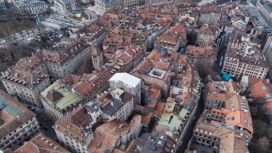 Aerial view of historic rooftops in Old Town Geneva Switzerland
