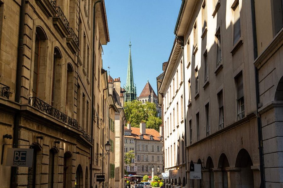 Geneva Vieille Ville old town street with classic European architecture and shutters