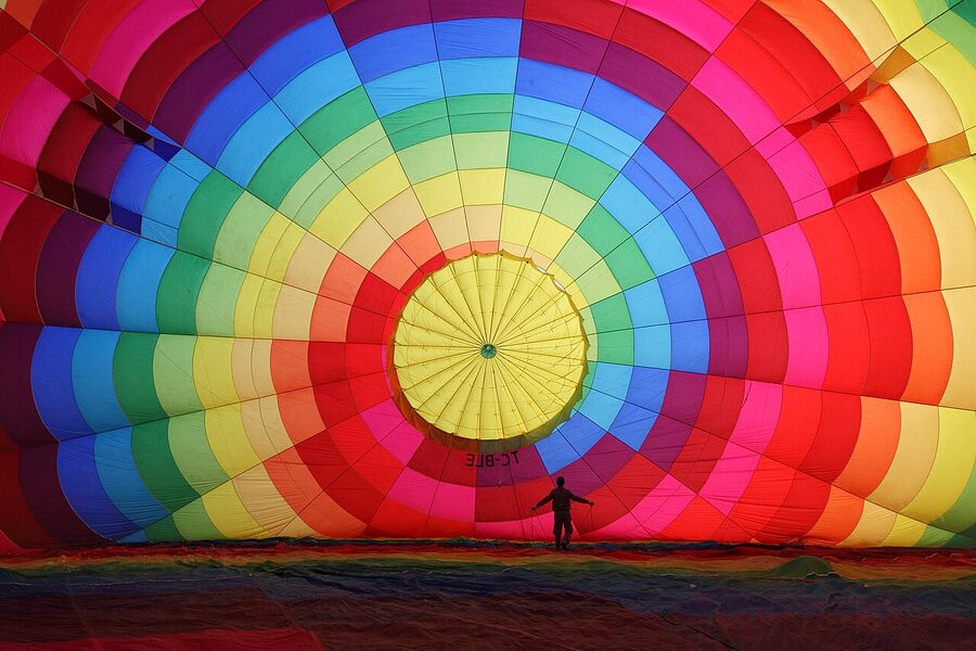 Hot air balloon being inflated before sunrise flight in Cappadocia