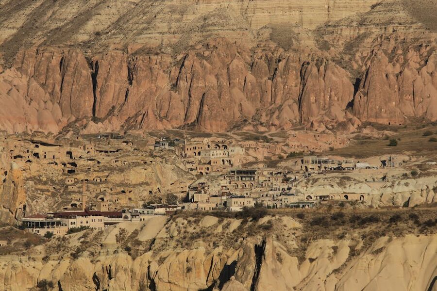 Ancient cave dwellings carved into Cappadocia tuff rock