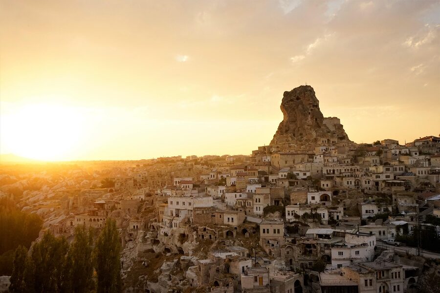 Ortahisar Castle silhouette at sunset