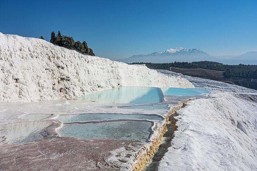 Pamukkale white travertine terraces from the lower viewpoint